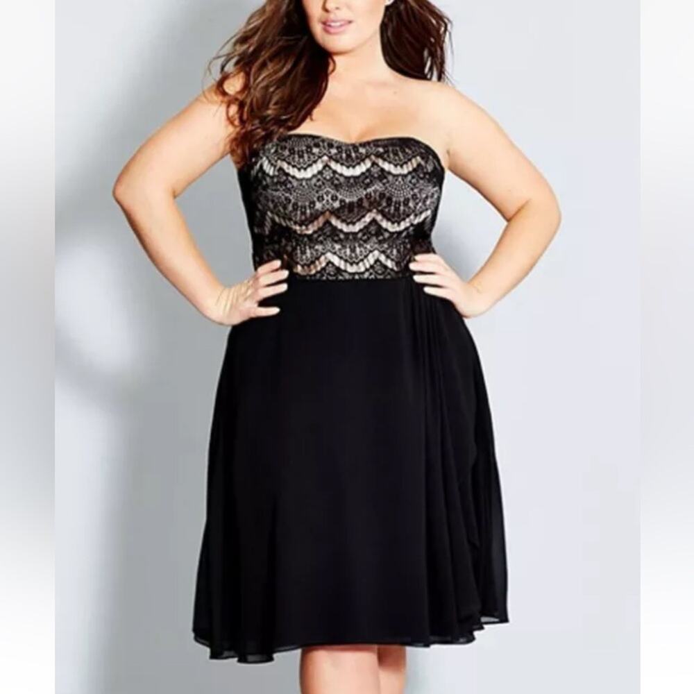 City Chic‎ Eyelash Ebony Strapless Lace Bodice Chiffon Skirt Dress Black Sz S/16